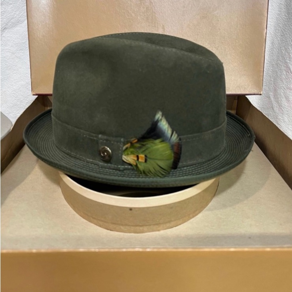 Stetson “Trail Ridge” Olive Green Wool Fedora with Feather Trim - with box